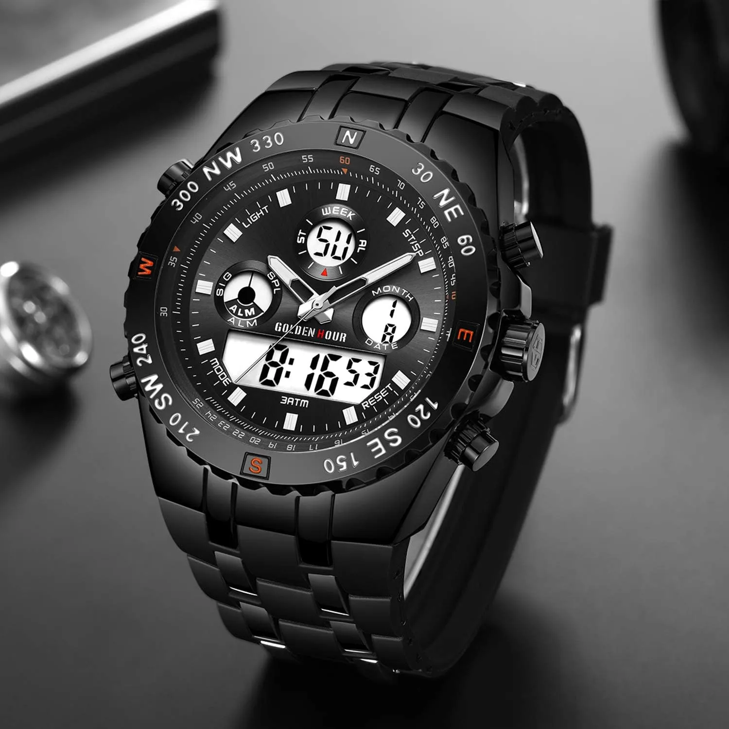 GOLDEN HOUR Luxury Military Sports Men's Watches Large Size Big Face 3ATM Waterproof, Stopwatch, Date and Date, Alarm, Luminous Digital Analog Wrist Watch with Rubber Band