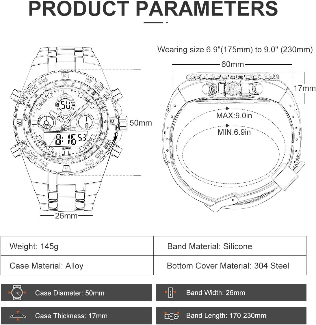 GOLDEN HOUR Luxury Military Sports Men's Watches Large Size Big Face 3ATM Waterproof, Stopwatch, Date and Date, Alarm, Luminous Digital Analog Wrist Watch with Rubber Band