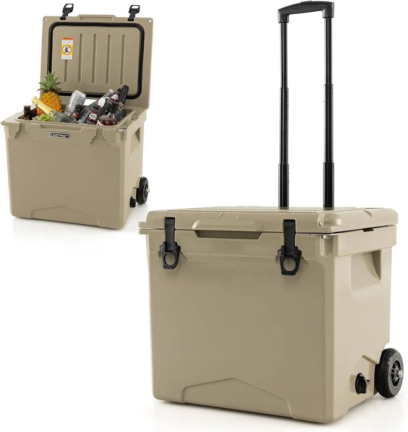 Goplus Cooler with Wheels, Insulated Large Ice Chest with Portable Handles, Cup Holders, Leak-Proof Tight Latches, 5-7-day Ice Retention, Heavy Duty Hard Coolers for Beach Picnic Camping Boat