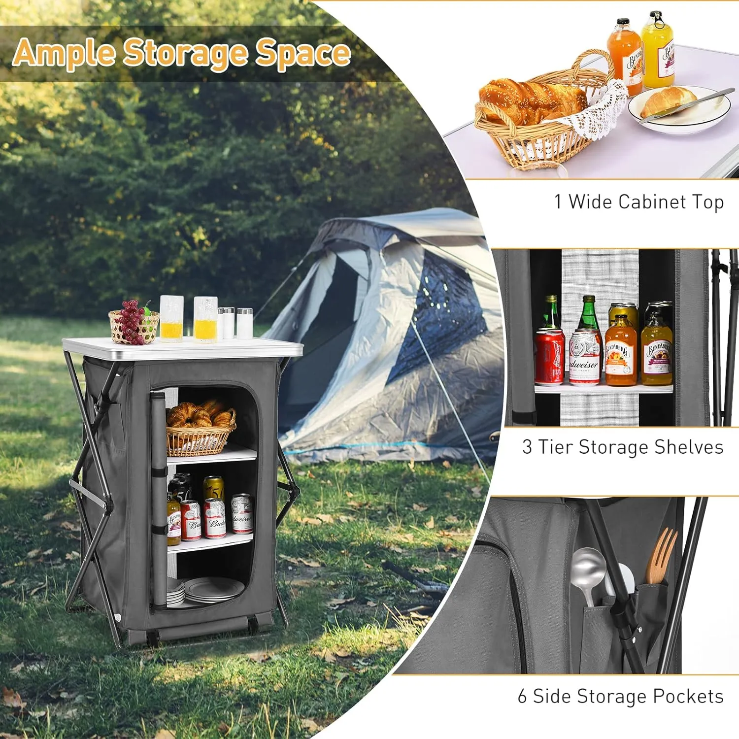 Goplus Folding Camping Storage Cabinet, Pop Up Outdoor Camping Kitchen Station with Large 3-Tier Storage Organizer, Carry Bag, Easy Set Up Portable Compact Camping Table for BBQ Picnic Backyard (35'')