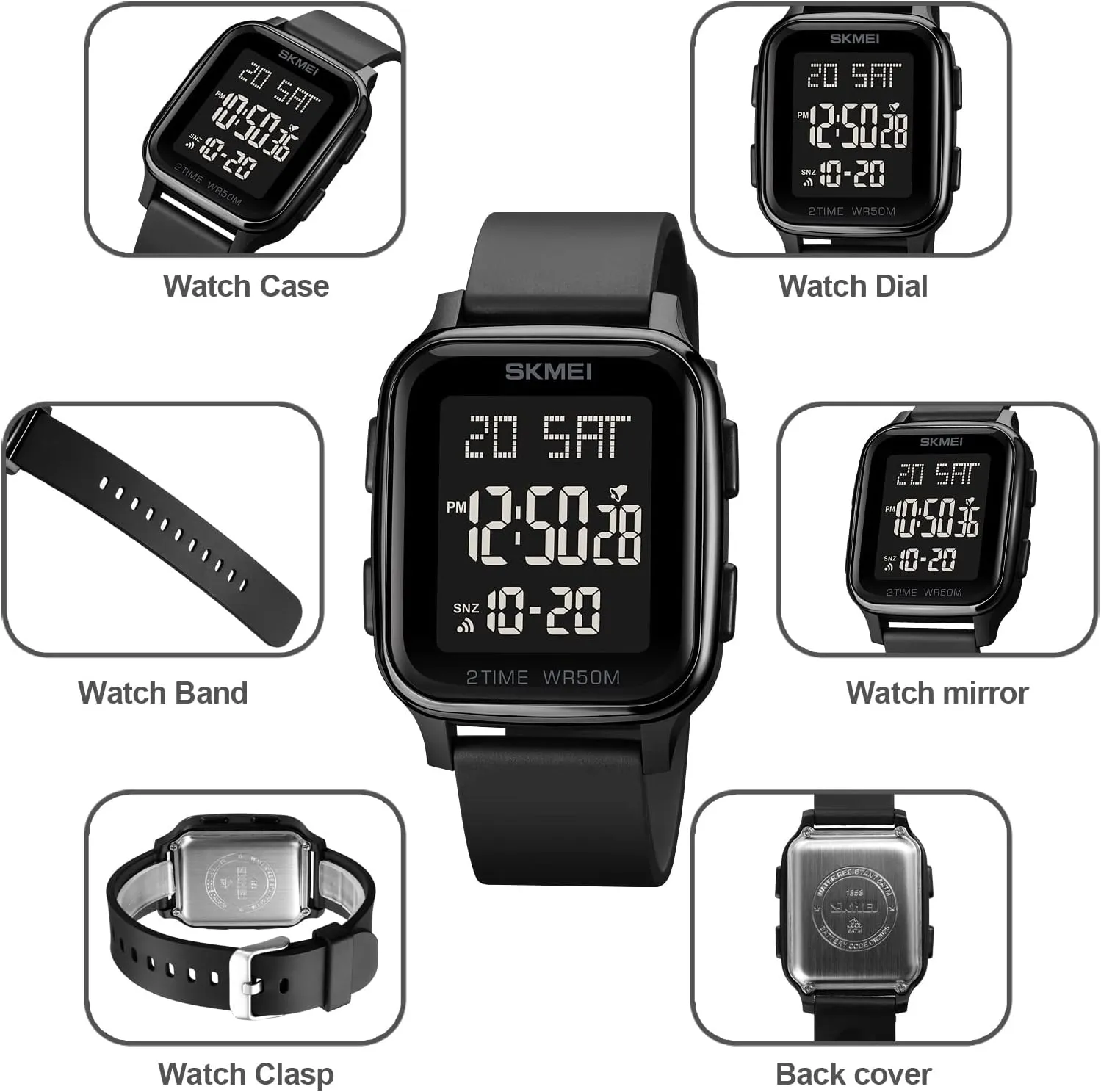 Gosasa Classic Square Face Unisex Women's Men's Digital Multifunction Outdoor Casual Watch Countdown 50M Waterproof Led Light Wristwatch