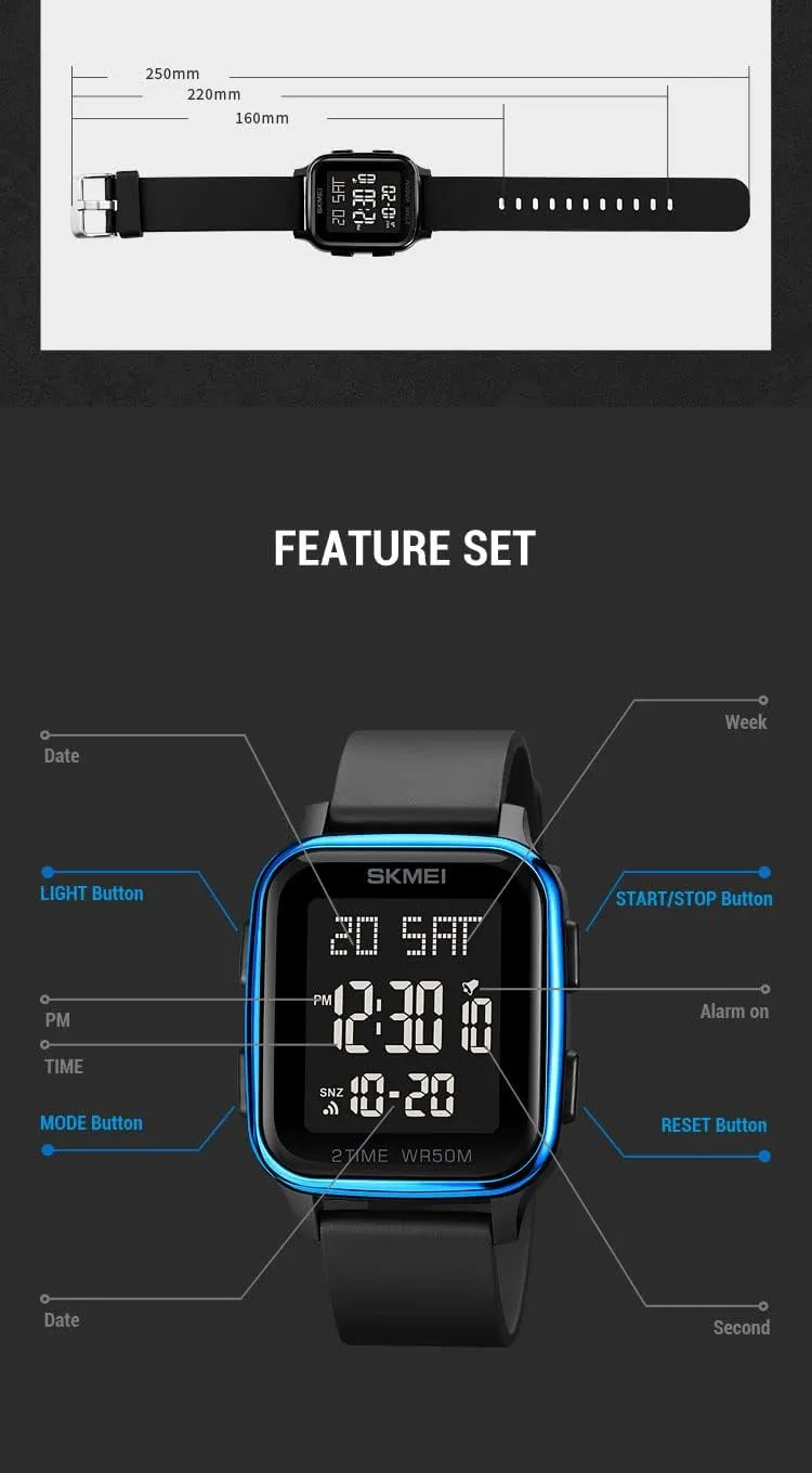 Gosasa Classic Square Face Unisex Women's Men's Digital Multifunction Outdoor Casual Watch Countdown 50M Waterproof Led Light Wristwatch