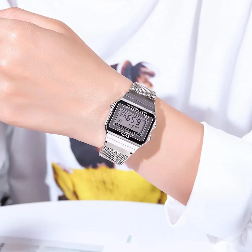 Gosasa Classic Unisex Women's Men's Digital Multifunction Sports Watch Stainless Steel Band Square Waterproof Electronic Led Watch