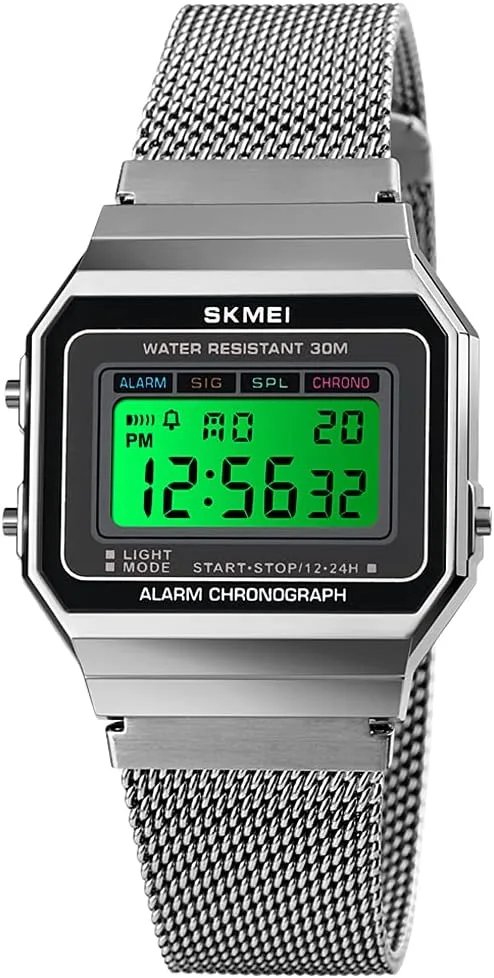 Gosasa Classic Unisex Women's Men's Digital Multifunction Sports Watch Stainless Steel Band Square Waterproof Electronic Led Watch