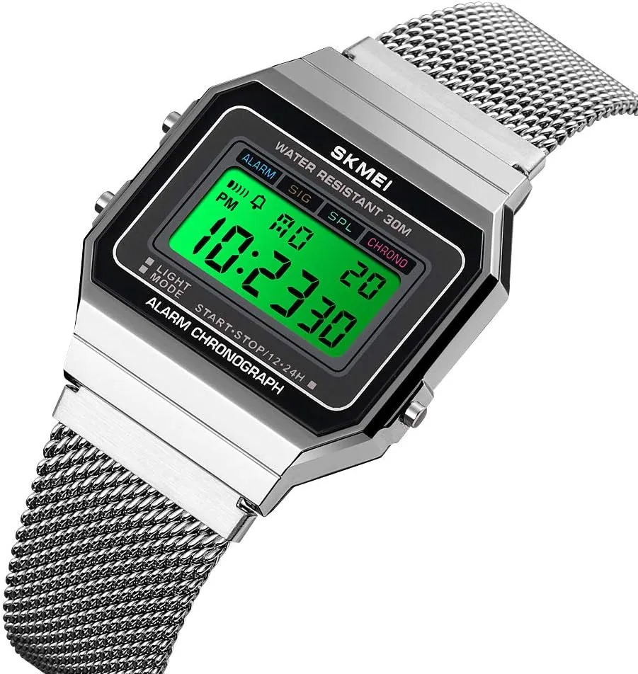 Gosasa Classic Unisex Women's Men's Digital Multifunction Sports Watch Stainless Steel Band Square Waterproof Electronic Led Watch