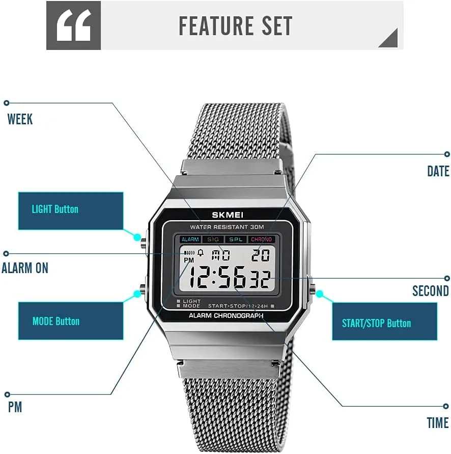 Gosasa Classic Unisex Women's Men's Digital Multifunction Sports Watch Stainless Steel Band Square Waterproof Electronic Led Watch
