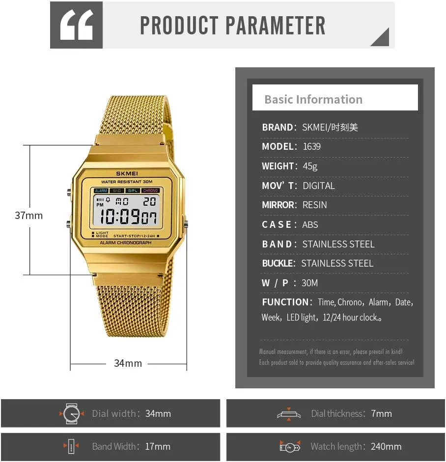 Gosasa Classic Unisex Women's Men's Digital Multifunction Sports Watch Stainless Steel Band Square Waterproof Electronic Led Watch