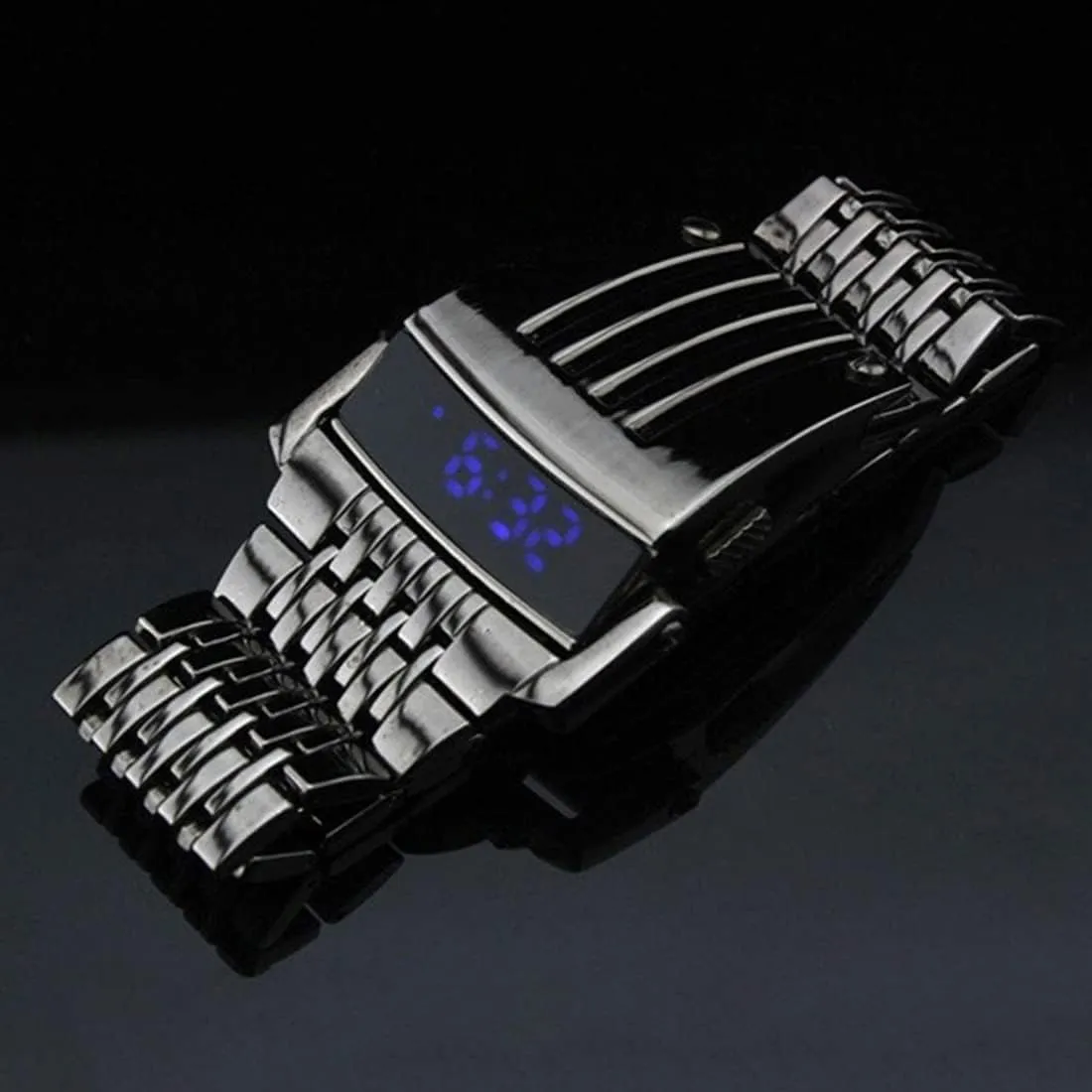 Gosasa Fashion Electronic Men's Watch Digital Blue LED Display Iron Man Stainless Steel Strap Business Watch for Men Waterproof Luxury Male Wristwatch