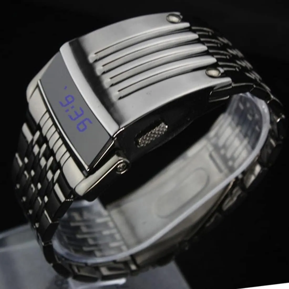 Gosasa Fashion Electronic Men's Watch Digital Blue LED Display Iron Man Stainless Steel Strap Business Watch for Men Waterproof Luxury Male Wristwatch