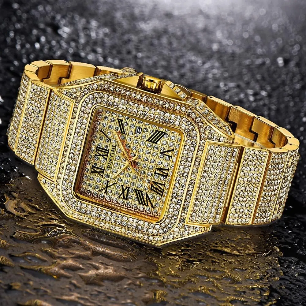 Gosasa Fashion Hip Hop Men's Crystal Watch Bling Bling Watch Rectangle Case Stainless Steel Quartz Analog Bracelet Wristwatch