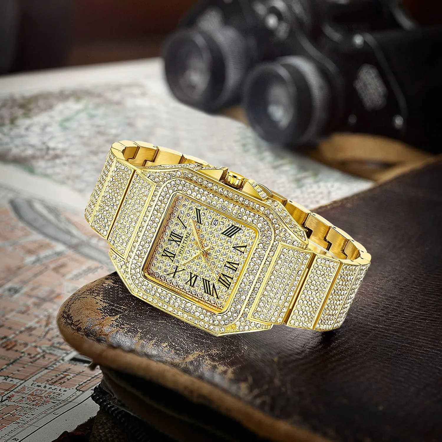 Gosasa Fashion Hip Hop Men's Crystal Watch Bling Bling Watch Rectangle Case Stainless Steel Quartz Analog Bracelet Wristwatch