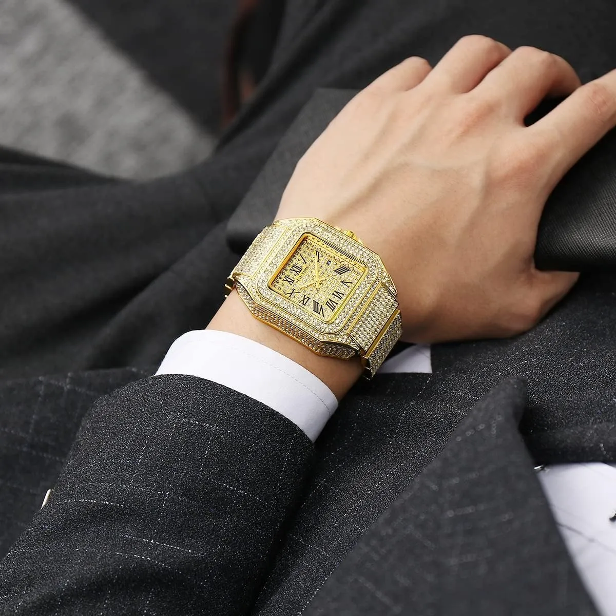 Gosasa Fashion Hip Hop Men's Crystal Watch Bling Bling Watch Rectangle Case Stainless Steel Quartz Analog Bracelet Wristwatch