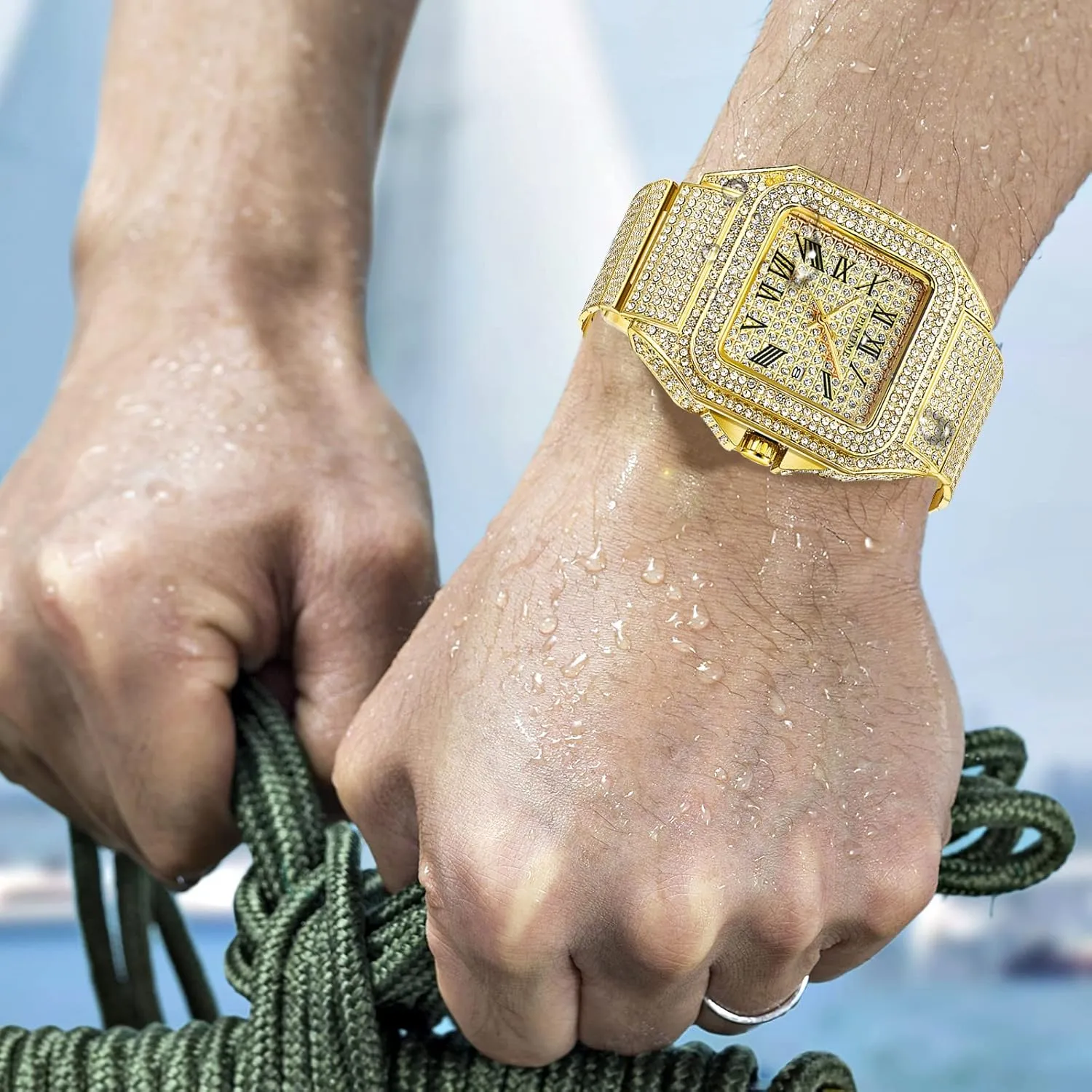 Gosasa Fashion Hip Hop Men's Crystal Watch Bling Bling Watch Rectangle Case Stainless Steel Quartz Analog Bracelet Wristwatch