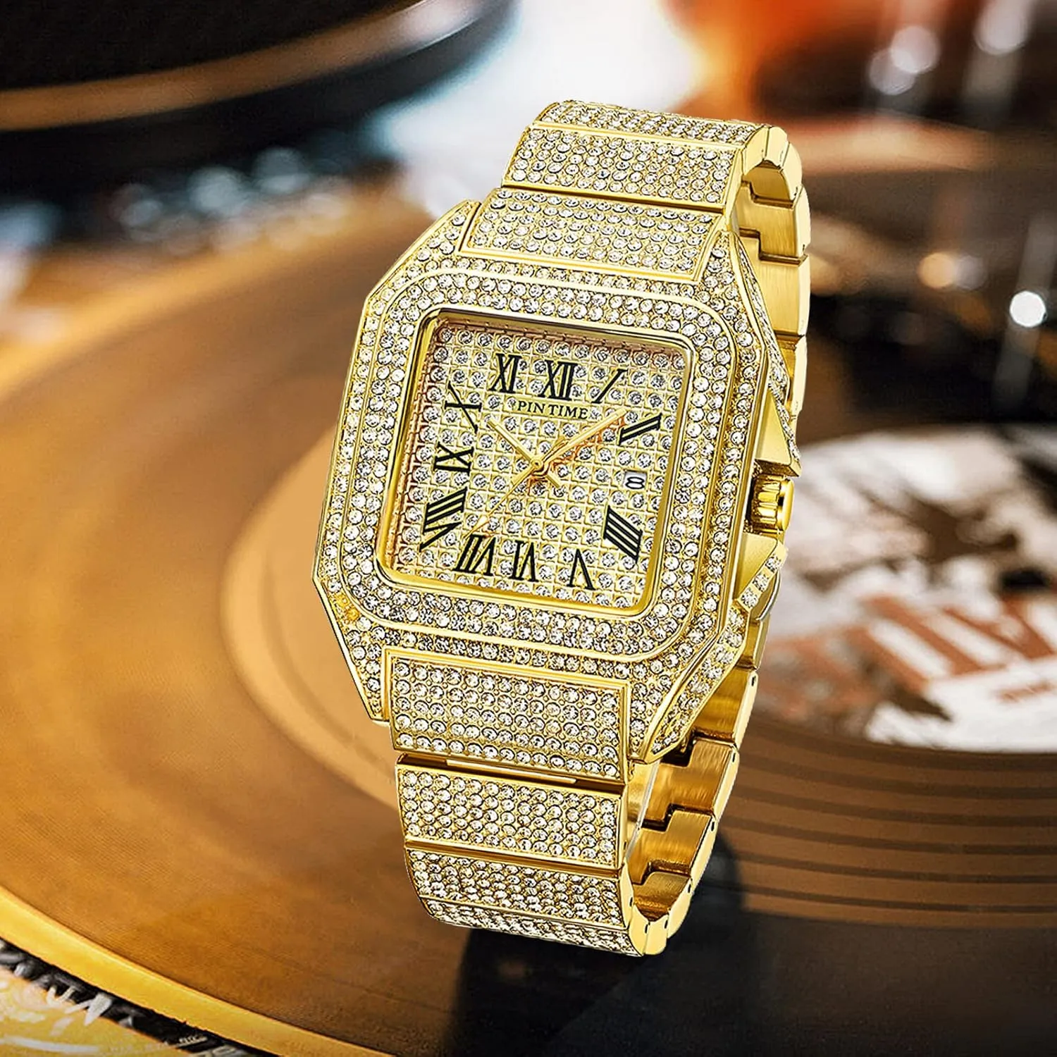 Gosasa Fashion Hip Hop Men's Crystal Watch Bling Bling Watch Rectangle Case Stainless Steel Quartz Analog Bracelet Wristwatch