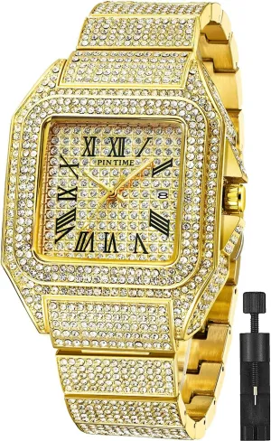 Gosasa Fashion Hip Hop Men's Crystal Watch Bling Bling Watch Rectangle Case Stainless Steel Quartz Analog Bracelet Wristwatch
