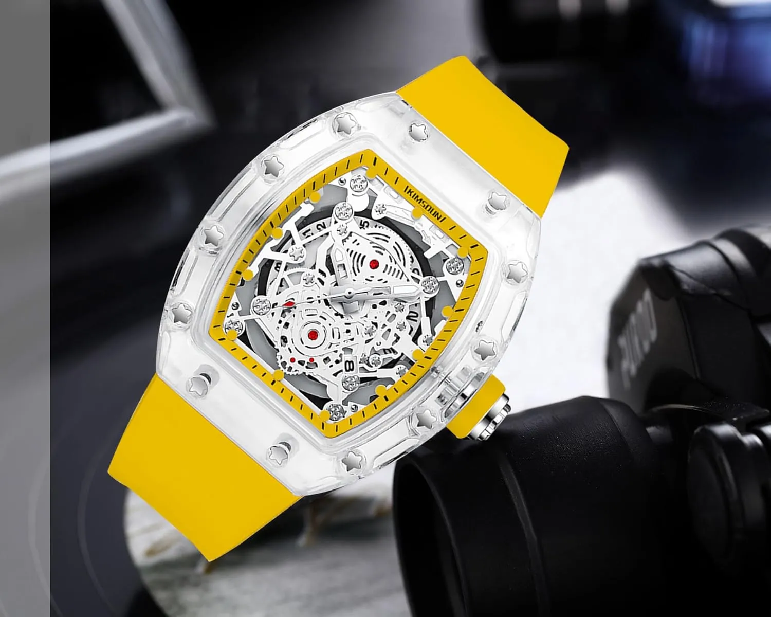 Gosasa Fashion Hollowed Men Watches Tonneau Transparent Analog Display Silicone Strap Calendar Quartz Waterproof Trend Male Wrist Watch