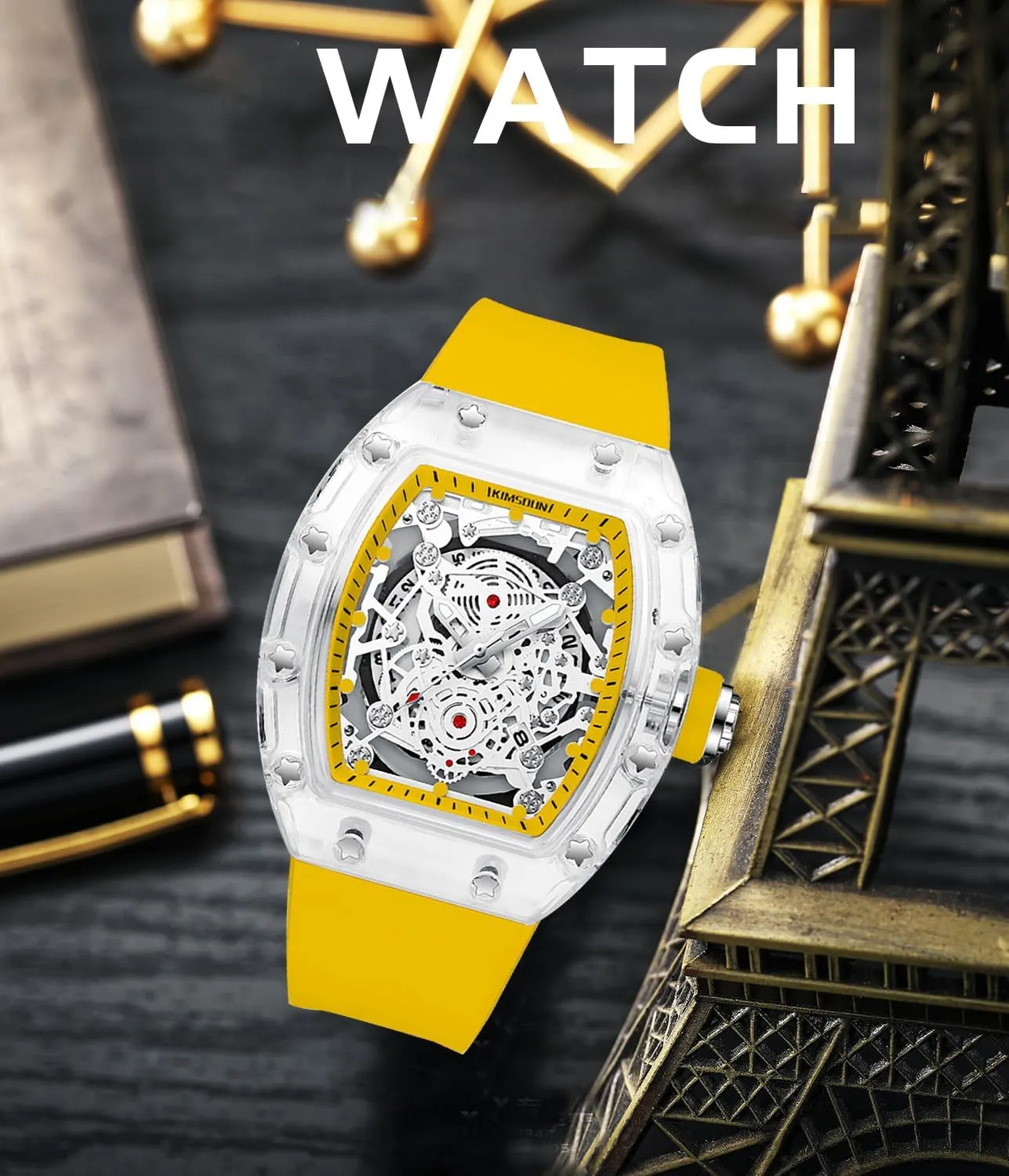 Gosasa Fashion Hollowed Men Watches Tonneau Transparent Analog Display Silicone Strap Calendar Quartz Waterproof Trend Male Wrist Watch
