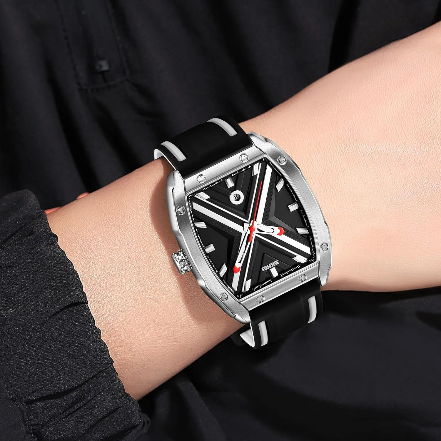 Gosasa Fashion Tonneau-Shaped Men's Watch Business Big Dial Analog Quartz Watches for Men with Date Luminous Silicon Strap Waterproof Casual Sports Wristwatch