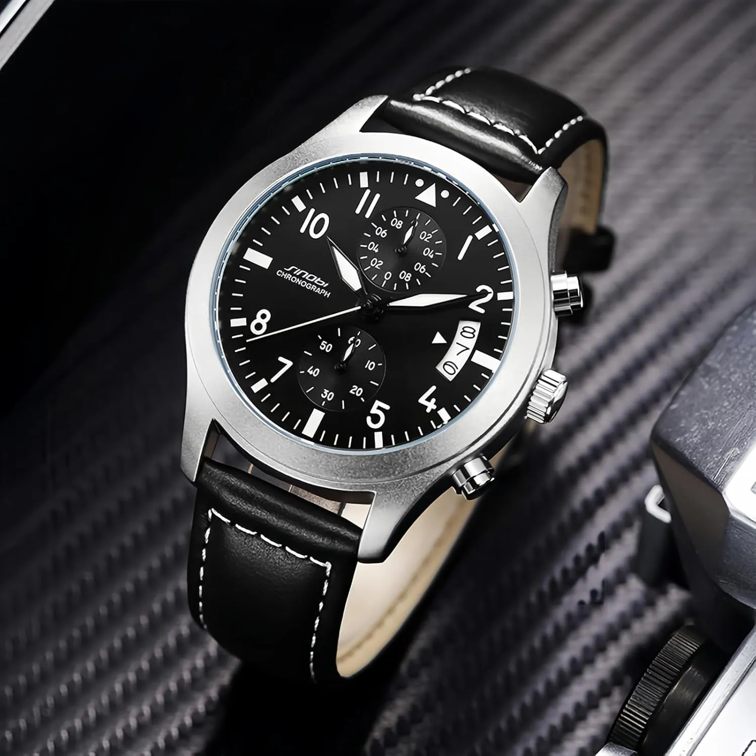 Gosasa Stylish Men’s Quartz Watch with Chronograph and Calendar Luminous Business Casual Waterproof Analog Men Wristwatch Leather Strap