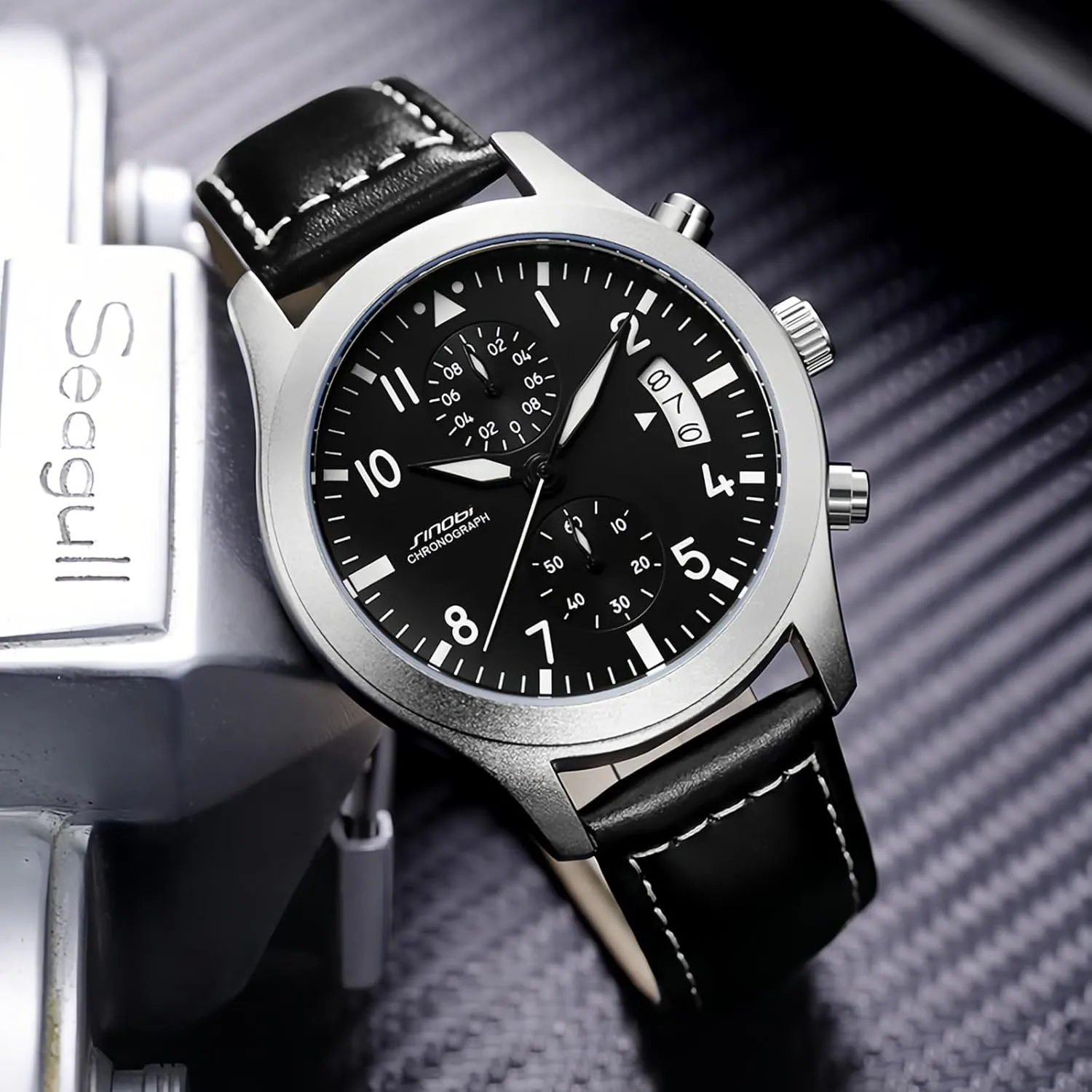 Gosasa Stylish Men’s Quartz Watch with Chronograph and Calendar Luminous Business Casual Waterproof Analog Men Wristwatch Leather Strap