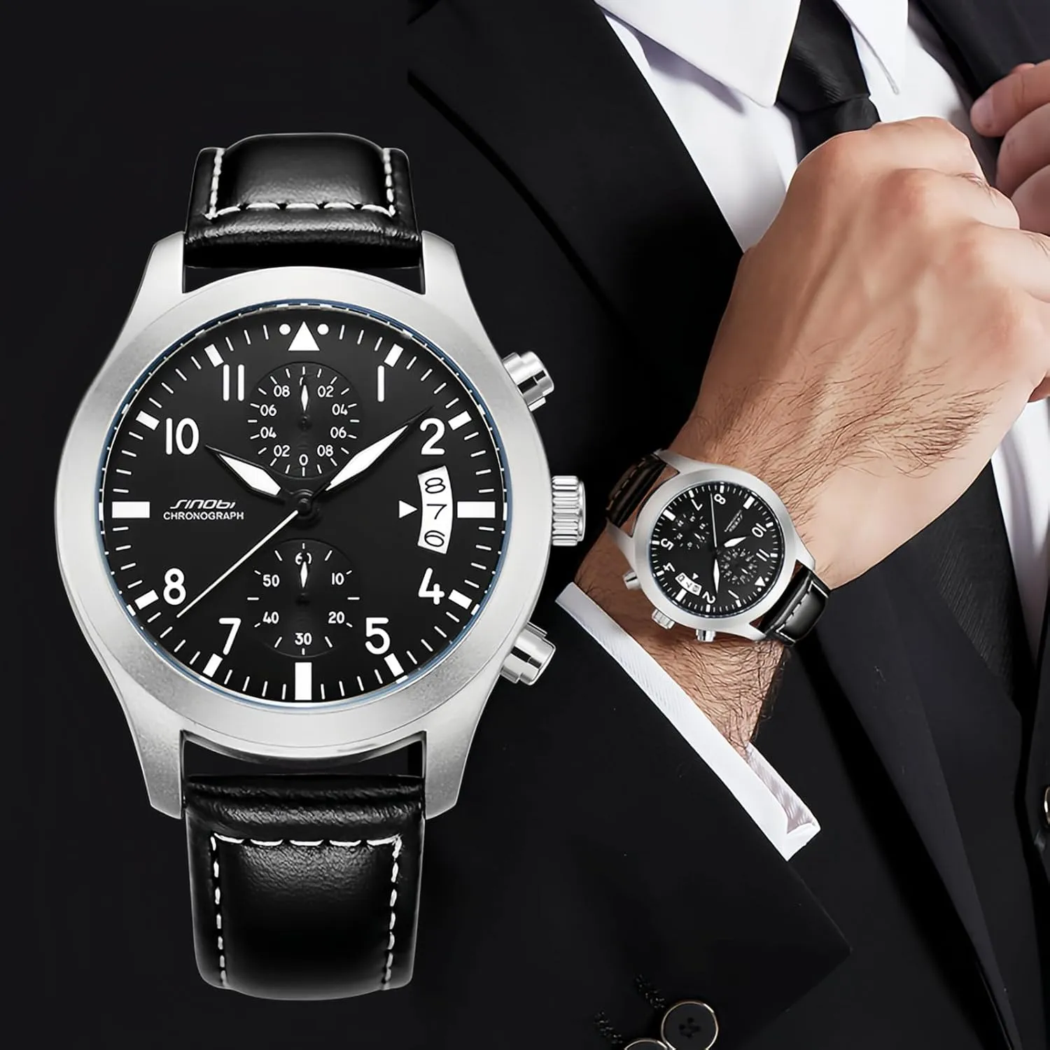 Gosasa Stylish Men’s Quartz Watch with Chronograph and Calendar Luminous Business Casual Waterproof Analog Men Wristwatch Leather Strap