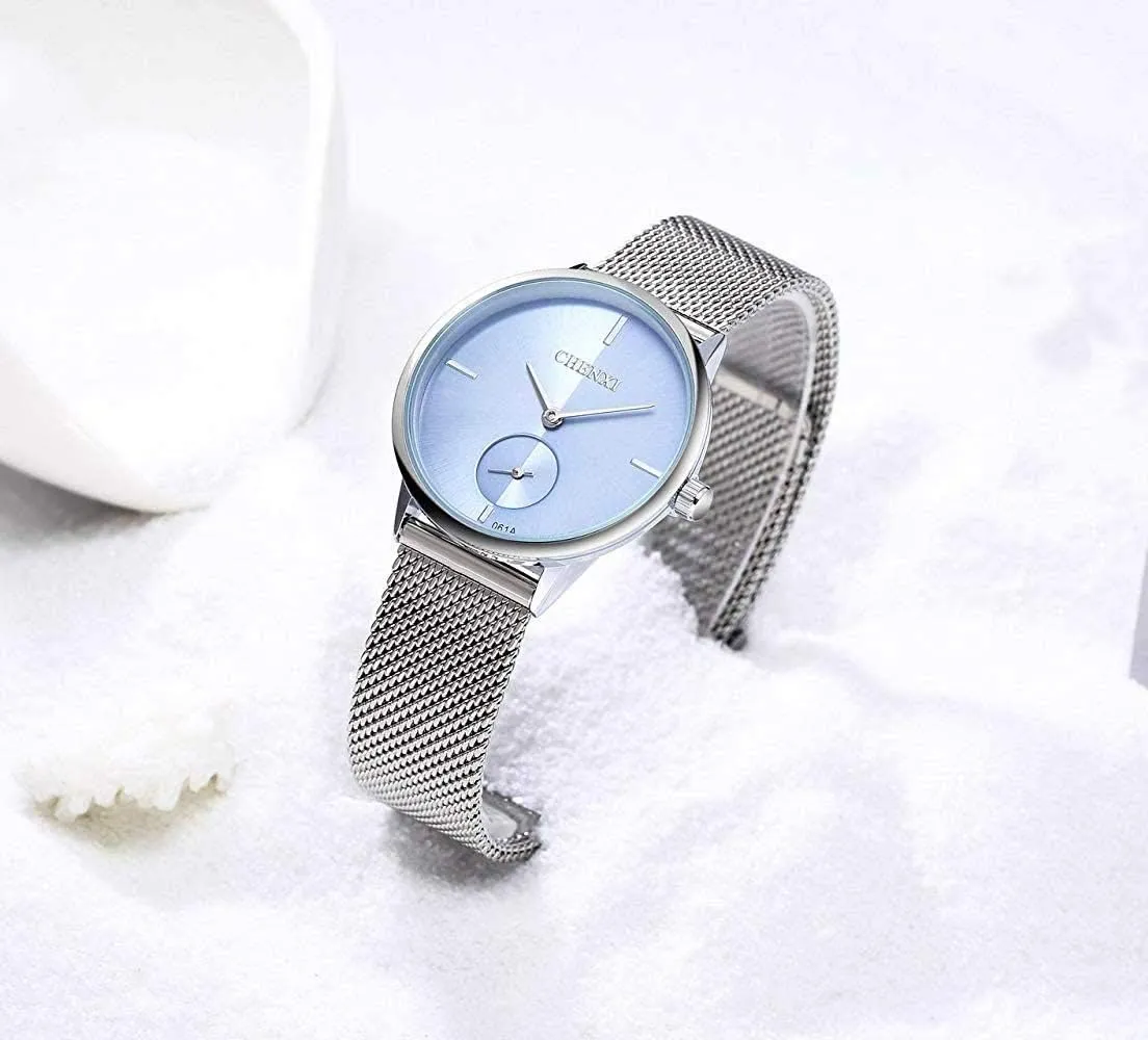 Gosasa Stylish Watch Women's Quartz Watch Silver Stainless Steel Mesh Strap Watch Simple Analog Lady Wrist Watch