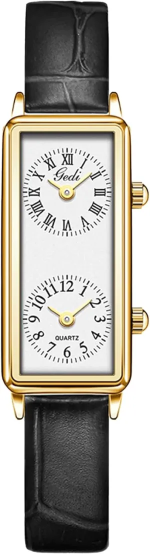 Gosasa Women’s Vintage Rectangle Watch Dual Time Zone Waterproof Ladies Quartz Analog Wristwatch with Two Dials, Roman & Arabic Numerals, Leather Strap for Travel & Business