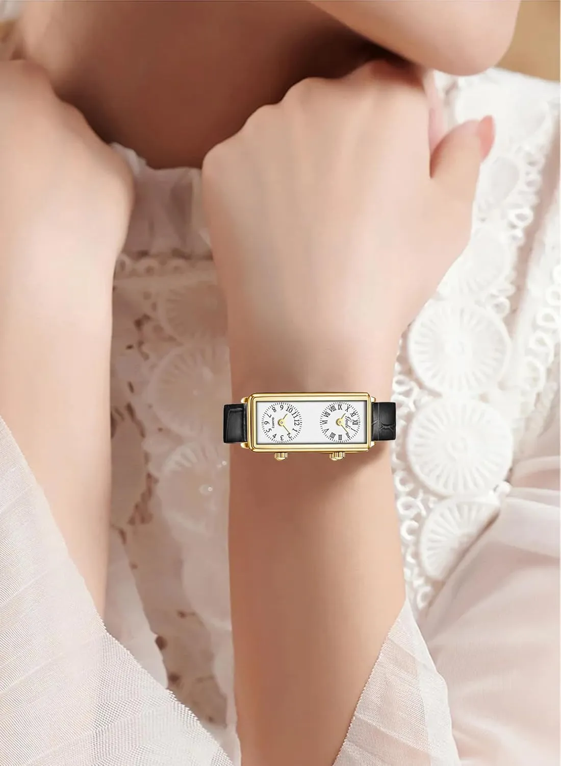 Gosasa Women’s Vintage Rectangle Watch Dual Time Zone Waterproof Ladies Quartz Analog Wristwatch with Two Dials, Roman & Arabic Numerals, Leather Strap for Travel & Business
