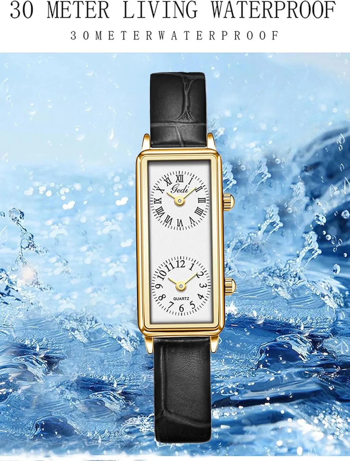 Gosasa Women’s Vintage Rectangle Watch Dual Time Zone Waterproof Ladies Quartz Analog Wristwatch with Two Dials, Roman & Arabic Numerals, Leather Strap for Travel & Business