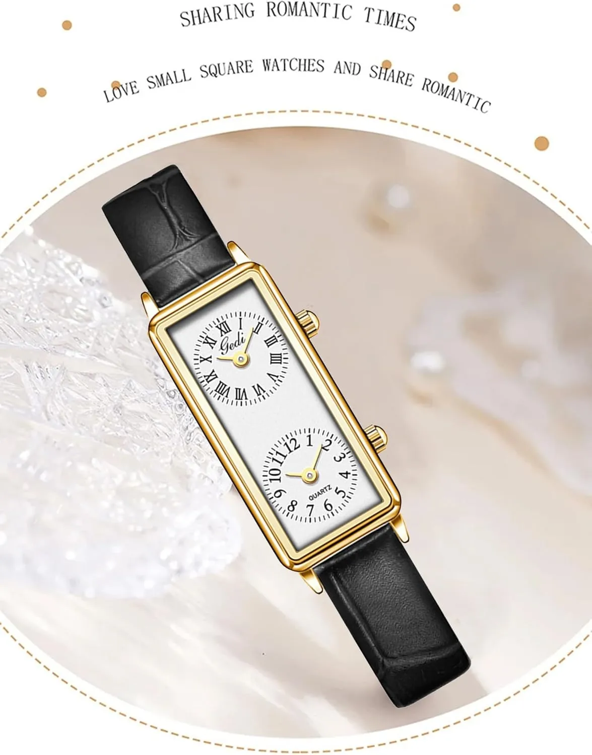 Gosasa Women’s Vintage Rectangle Watch Dual Time Zone Waterproof Ladies Quartz Analog Wristwatch with Two Dials, Roman & Arabic Numerals, Leather Strap for Travel & Business