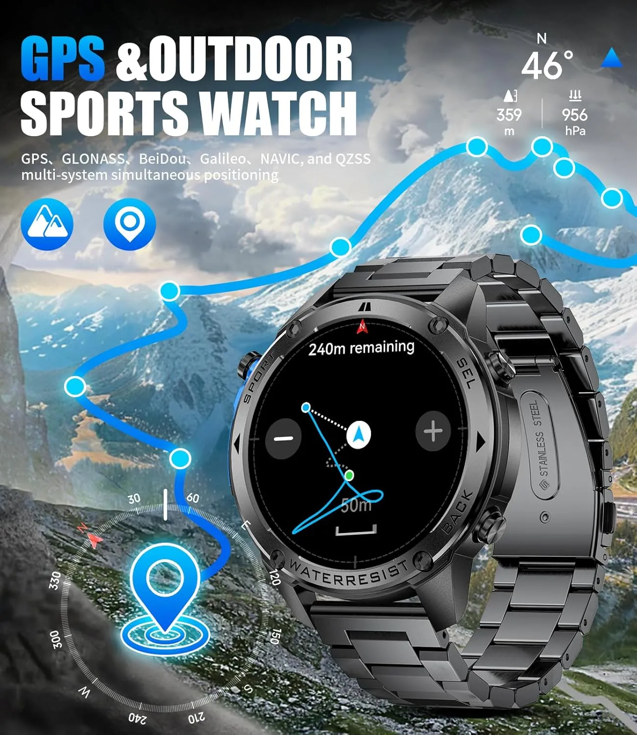 GPS Smart Watch for Men(Answer/Make Call),6 Satellite Positioning/Compass,50M Waterproof,600mAh Extra-large battery,1.43" AMOLED,170 Fitness Sports Modes/Heart Rate/SpO2/pedometer for Android/iOS