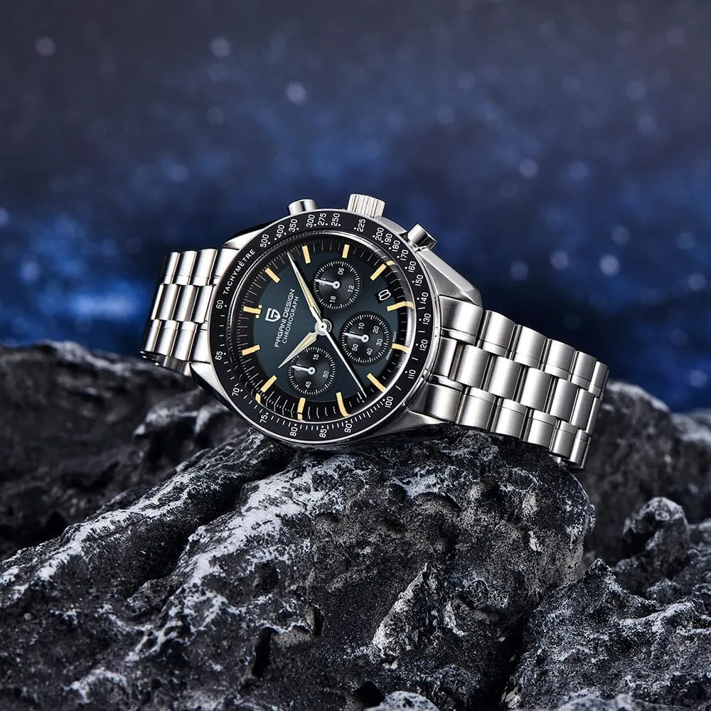 HaiQin Pagani Design 1701 Men's Chronograph Watch White Dial Japanese VK63 Quartz Movement Stainless Steel Strap 100m Waterproof Sports Wristwatch Date