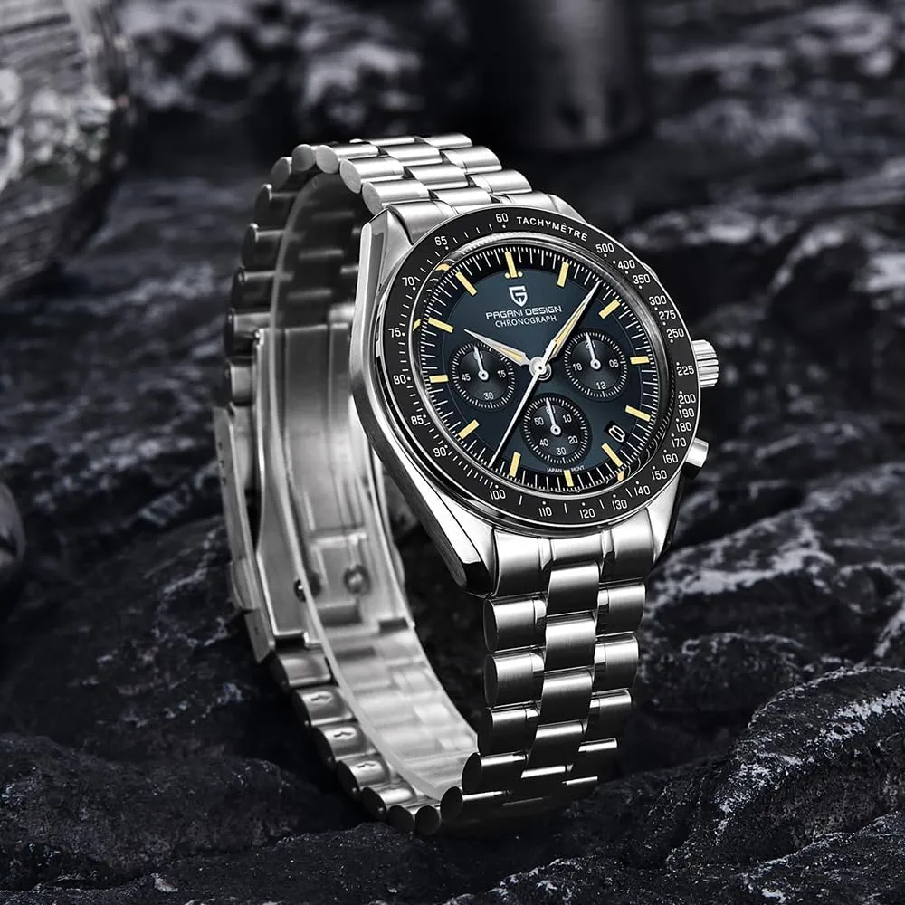 HaiQin Pagani Design 1701 Men's Chronograph Watch White Dial Japanese VK63 Quartz Movement Stainless Steel Strap 100m Waterproof Sports Wristwatch Date