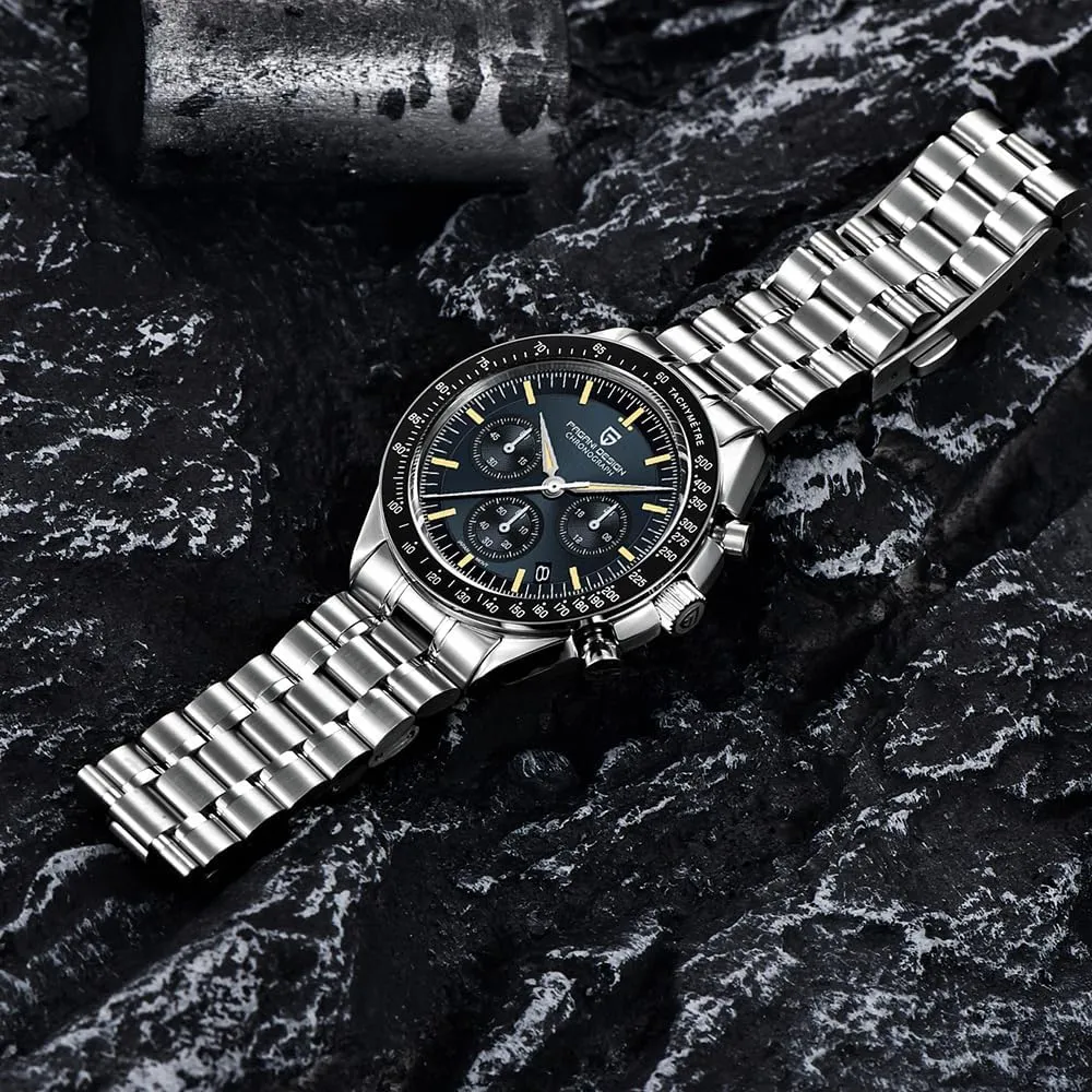 HaiQin Pagani Design 1701 Men's Chronograph Watch White Dial Japanese VK63 Quartz Movement Stainless Steel Strap 100m Waterproof Sports Wristwatch Date