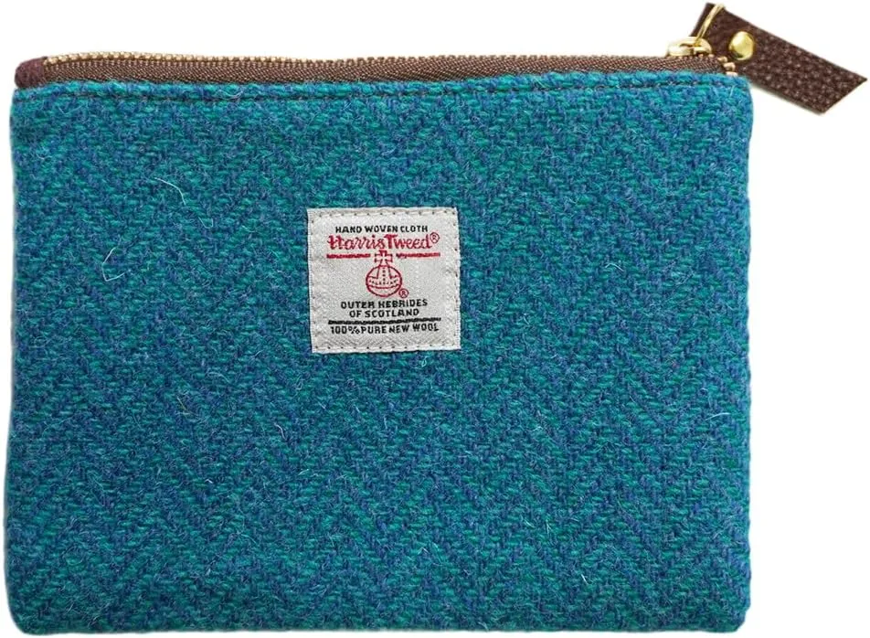 Harris Tweed Coin Purse Handmade Lipstick Bag Vintage British Portable Credit Card ID Wallet with YKK Zipper for Women men (Blue, Large)