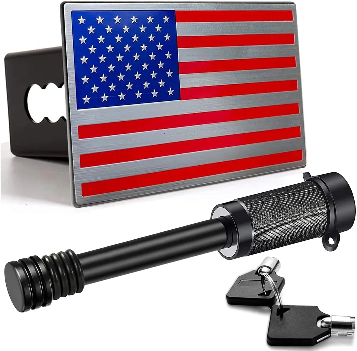 Heavy American Flag Metal Trailer Hitch Cover for 2 inch Receivers（with 5/8-Inch Pin Diameter Trailer Hitch Lock ） (red)