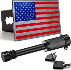 Heavy American Flag Metal Trailer Hitch Cover for 2 inch Receivers（with 5/8-Inch Pin Diameter Trailer Hitch Lock ） (red)
