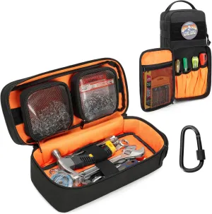 Heavy Duty Small Tool Bag Storage with 2 Zipper Pouches, Multi-functional Tactical Molle Tool Organizer Case with Locking Carabiner for Camping, Road Trip, Electricians, EDC, Multimeter Case