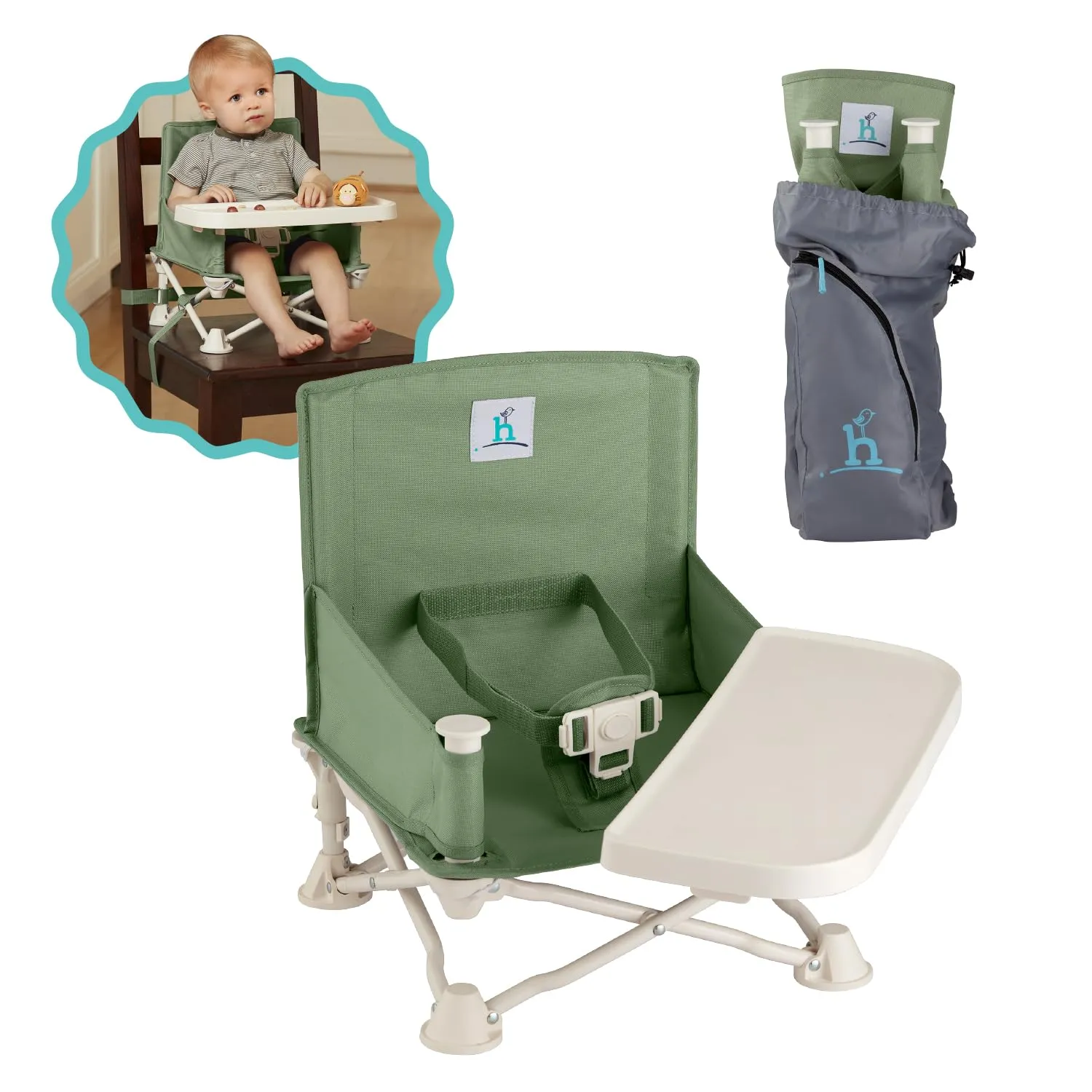 hiccapop OmniBoost Travel Booster Seat with Tray for Baby | Folding Portable Baby Booster Seat for Dining Table, Camping, Beach, Grandma’s | Tip-Free Design Straps to Kitchen Chairs - Booster Chair