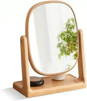 HIHELO Makeup Mirror Solid Wood Makeup Mirror Desktop Rotating Makeup Mirror Bedroom Modern Minimalist Dressing Table Small Mirror Vanity Mirror with Lights (Color : B, Size : S)