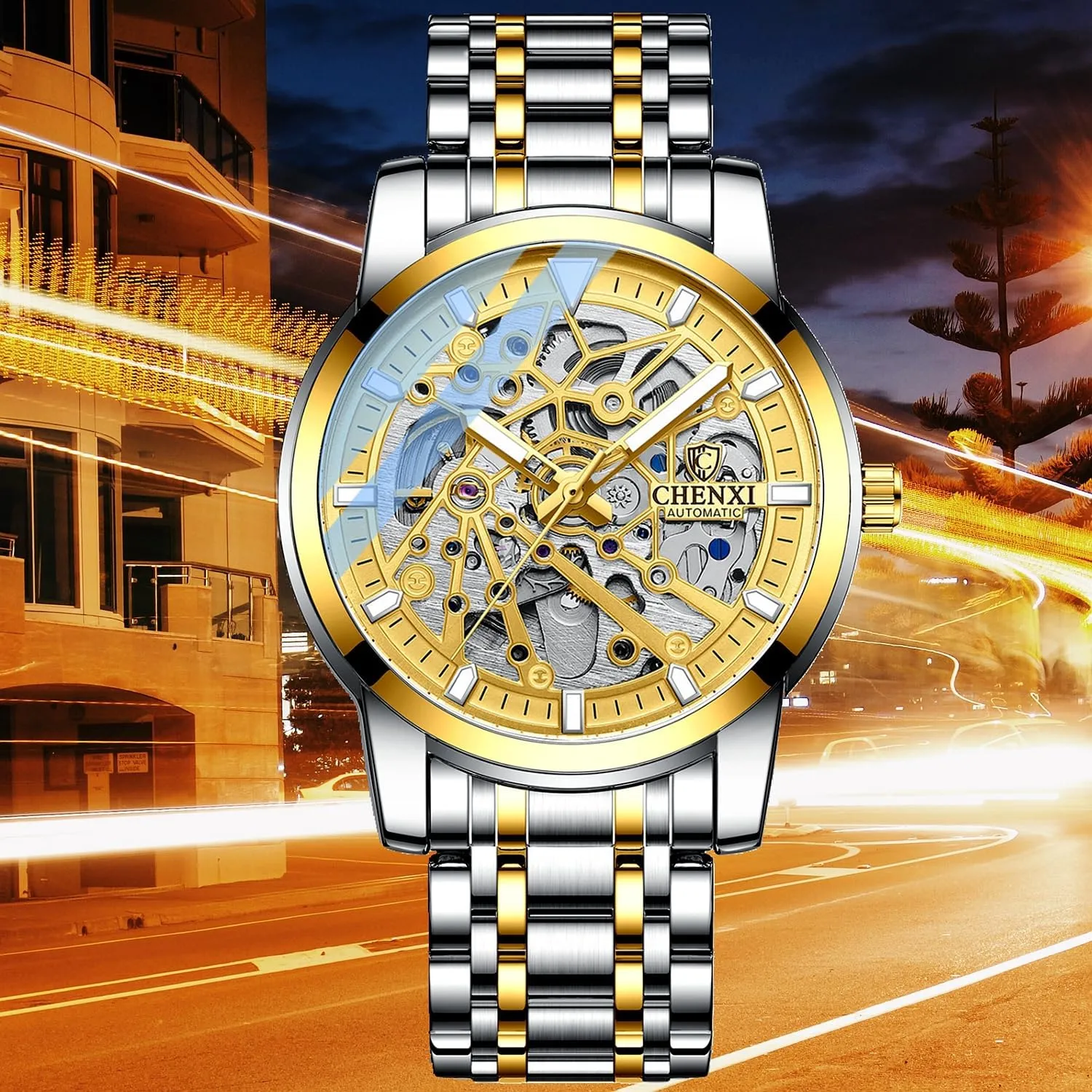 Hollow Stainless Automatic Self-Wind Men's Waterproof Steel Band Luminous Mechanical Watch