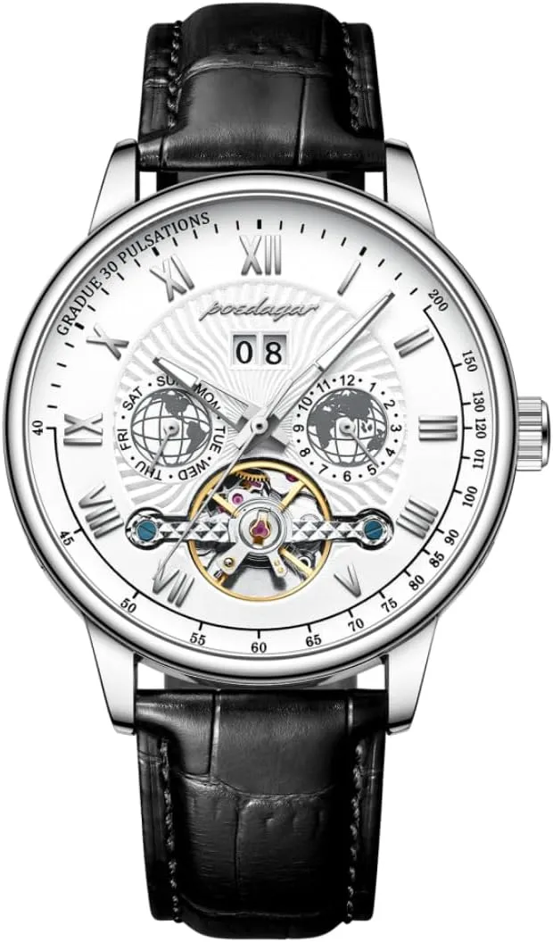 Hollowed Tourbillon Automatic Mechanical Watch for Men, Luxury Waterproof Complete Calendar&Week Dial, Leather Strap Fashion Wristwatch,Business Leisure Male Clock