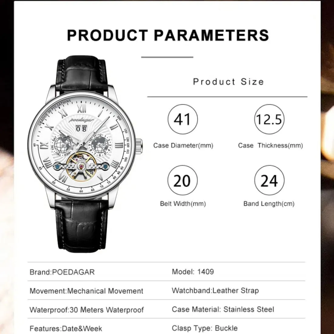 Hollowed Tourbillon Automatic Mechanical Watch for Men, Luxury Waterproof Complete Calendar&Week Dial, Leather Strap Fashion Wristwatch,Business Leisure Male Clock