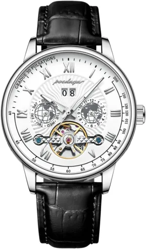 Hollowed Tourbillon Automatic Mechanical Watch for Men, Luxury Waterproof Complete Calendar&Week Dial, Leather Strap Fashion Wristwatch,Business Leisure Male Clock