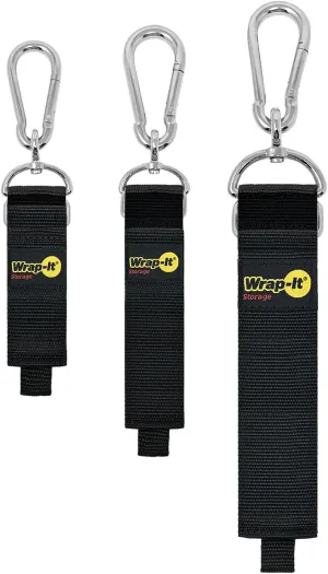 Hook 'n Hang Wrap-It Storage Straps - Assorted 3-Pack Black - Carabiner Straps to Use as Extension Cord Holder Heavy Duty Straps with Hooks for Cord Storage or Garden Hose Strap