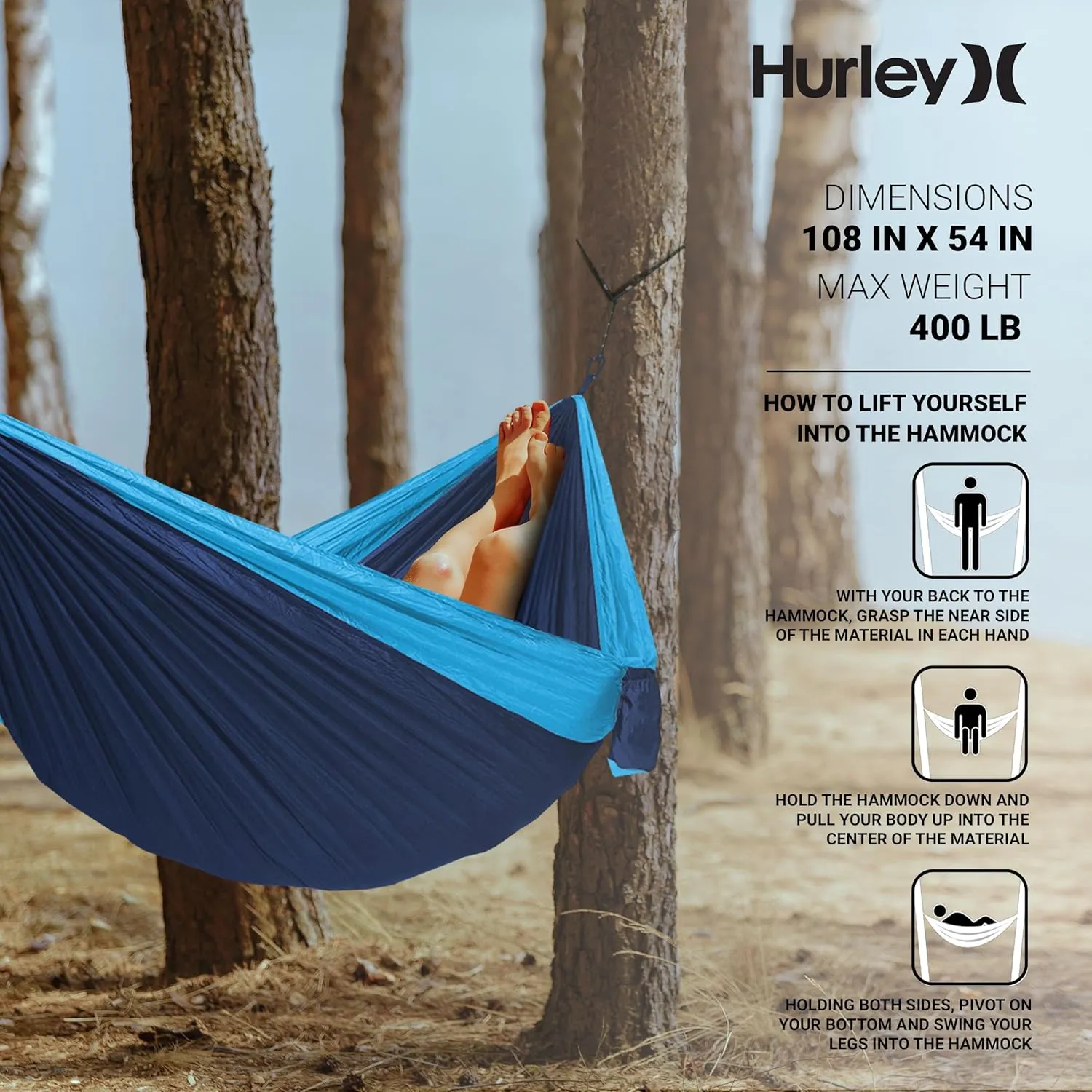 Hurley Duo Camping Hammock - 1 Person Portable Hammock for Camping, Heavy Duty with Parachute Nylon Fabric - Camping Accessories & Gear for Outdoor Activities - Holds Up to 400lbs, Nav Blu/Lake BL
