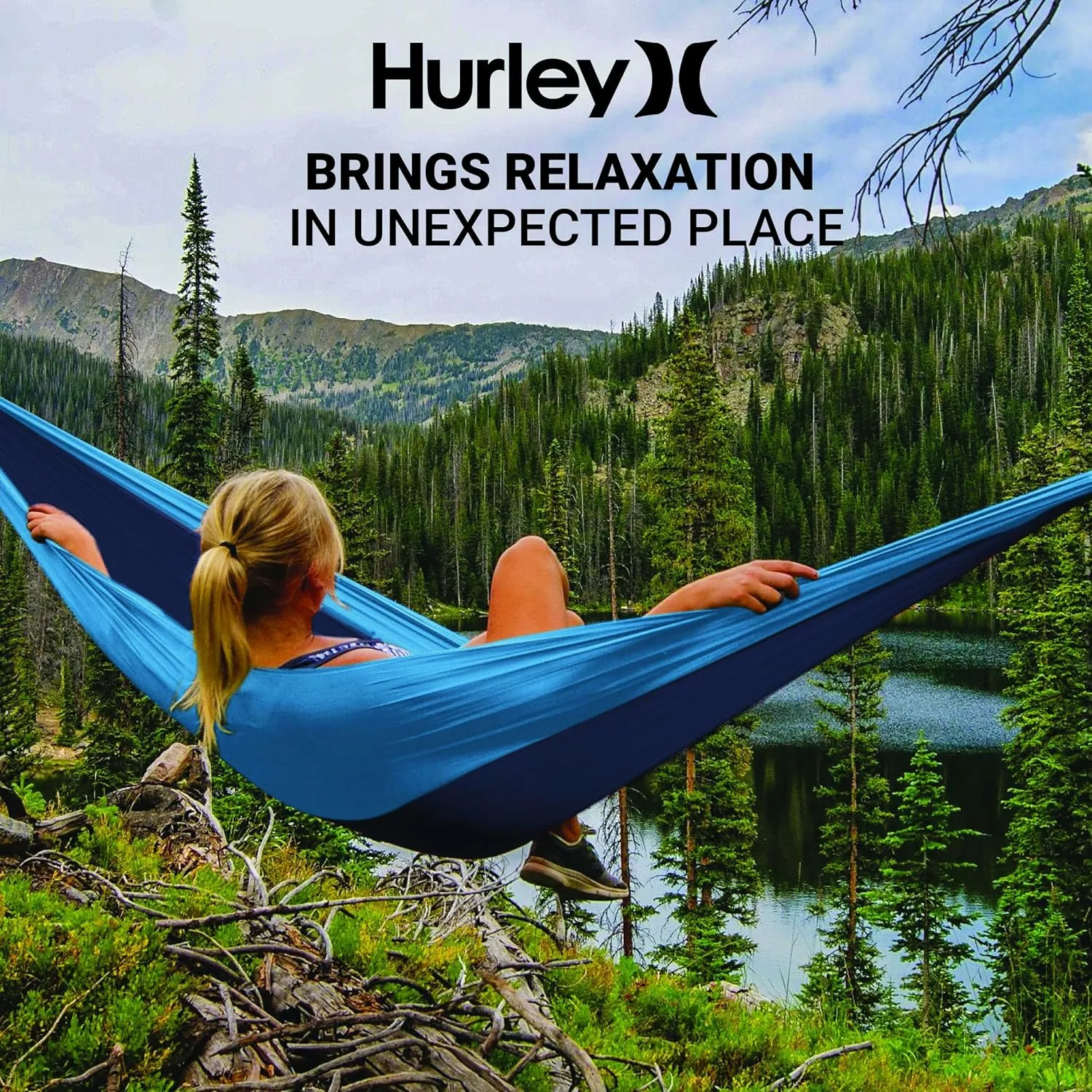 Hurley Duo Camping Hammock - 1 Person Portable Hammock for Camping, Heavy Duty with Parachute Nylon Fabric - Camping Accessories & Gear for Outdoor Activities - Holds Up to 400lbs, Nav Blu/Lake BL