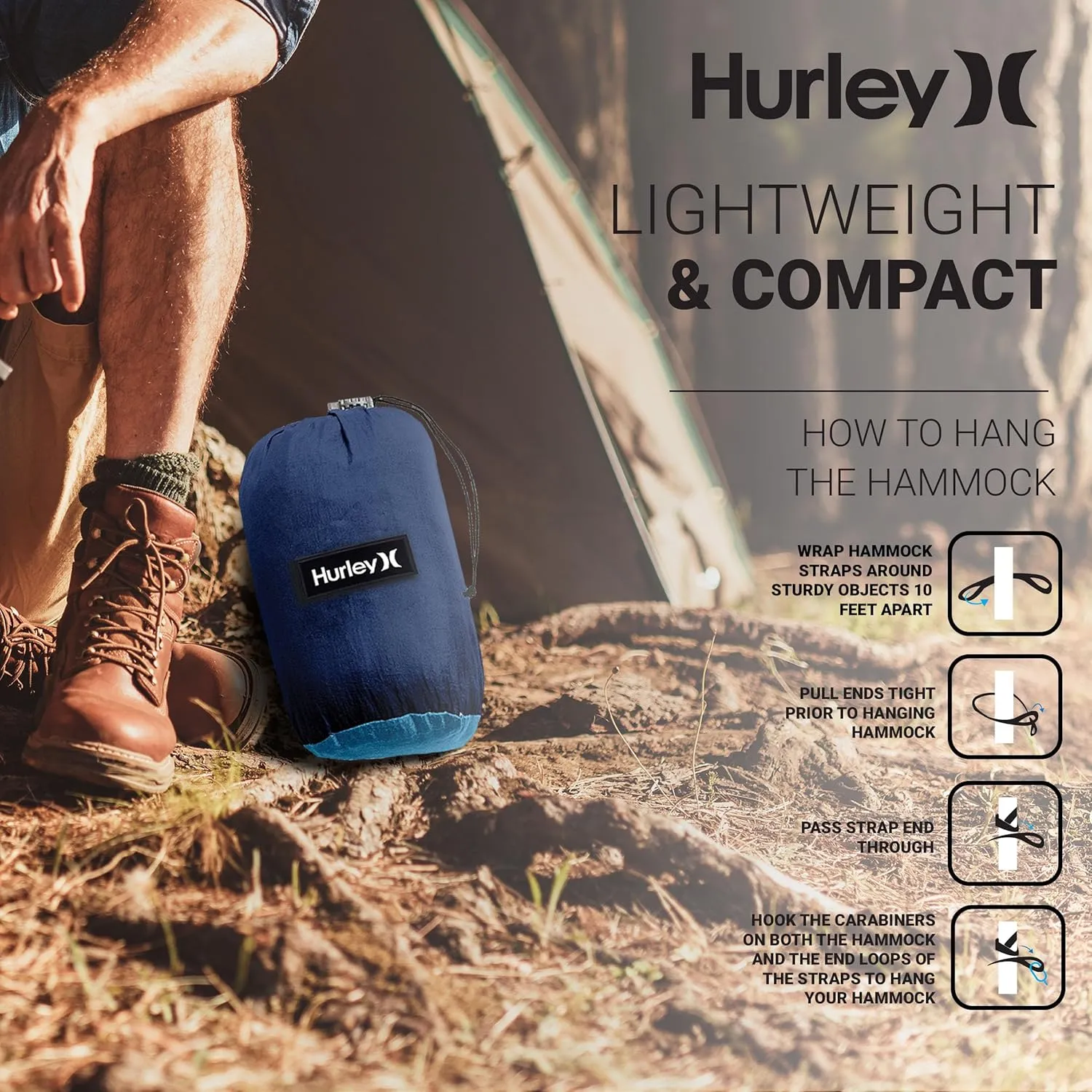Hurley Duo Camping Hammock - 1 Person Portable Hammock for Camping, Heavy Duty with Parachute Nylon Fabric - Camping Accessories & Gear for Outdoor Activities - Holds Up to 400lbs, Nav Blu/Lake BL