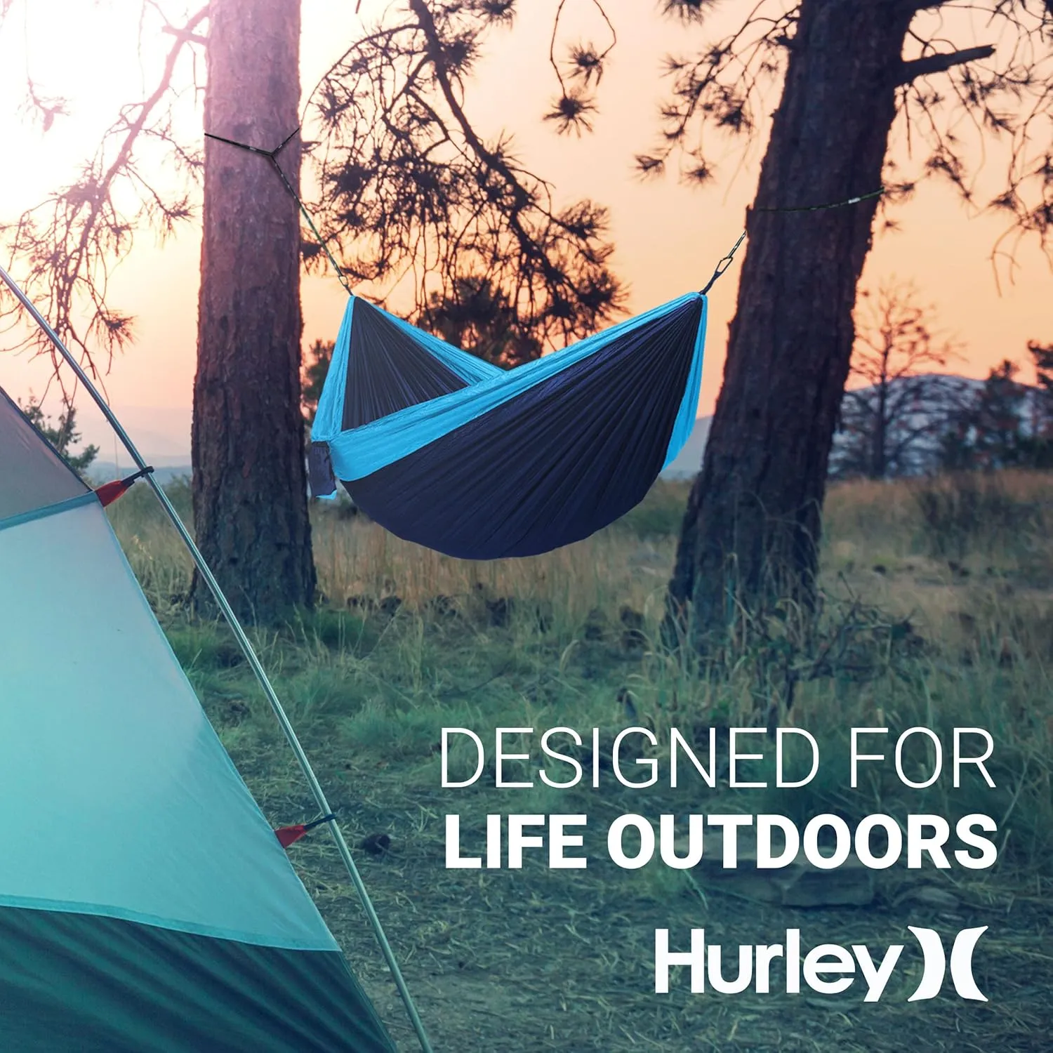 Hurley Duo Camping Hammock - 1 Person Portable Hammock for Camping, Heavy Duty with Parachute Nylon Fabric - Camping Accessories & Gear for Outdoor Activities - Holds Up to 400lbs, Nav Blu/Lake BL