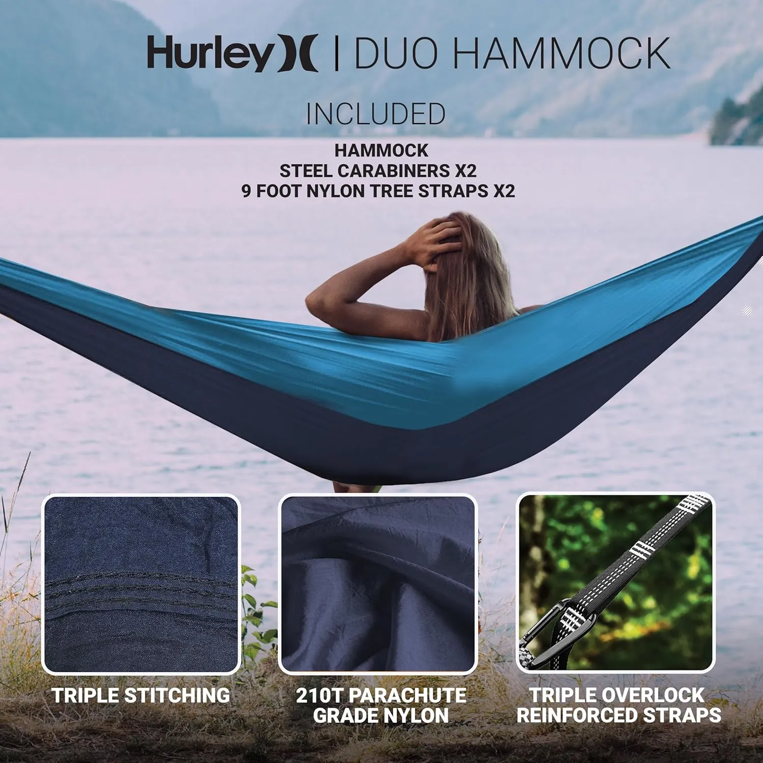 Hurley Duo Camping Hammock - 1 Person Portable Hammock for Camping, Heavy Duty with Parachute Nylon Fabric - Camping Accessories & Gear for Outdoor Activities - Holds Up to 400lbs, Nav Blu/Lake BL